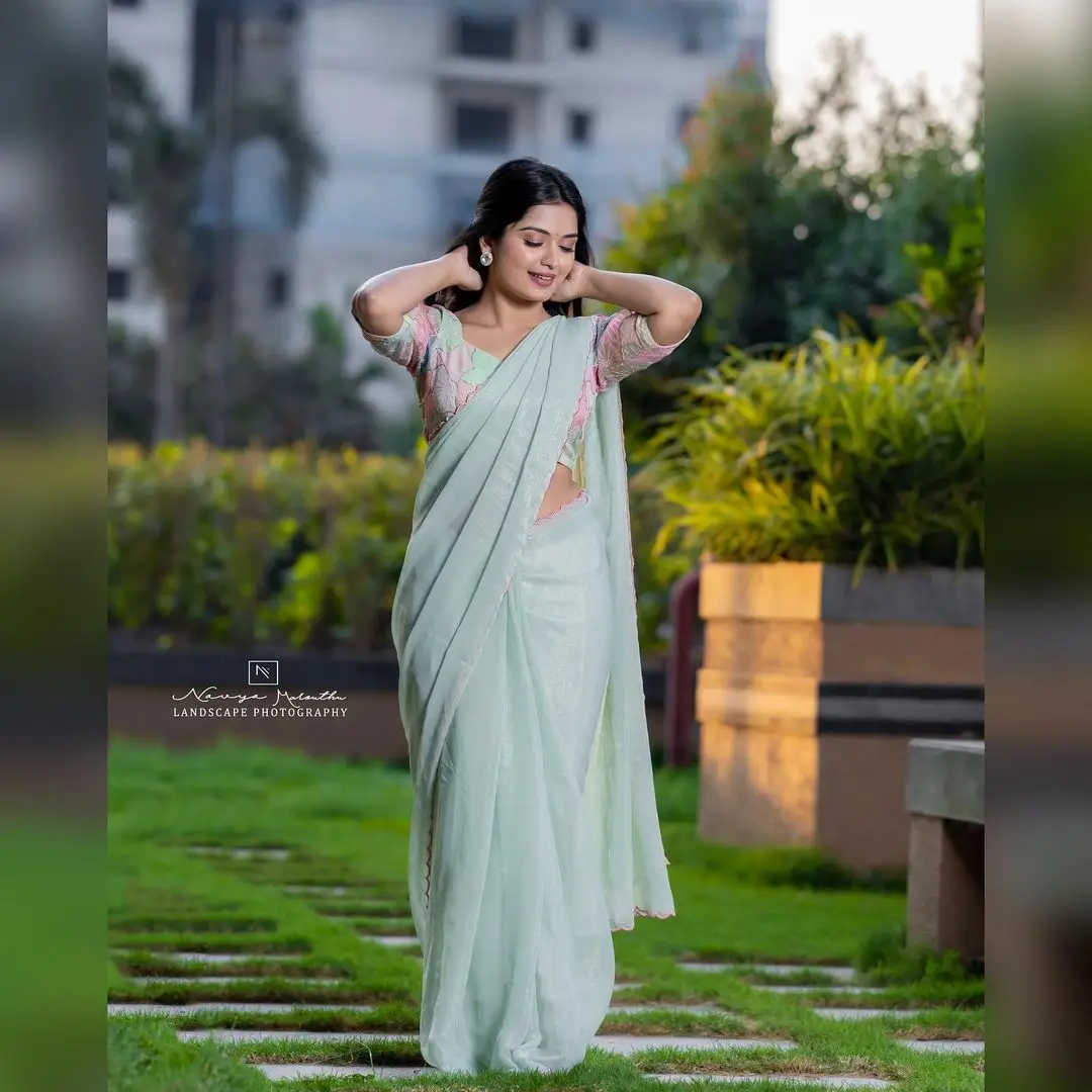 ETV Actress Priyanka Jain Wearing Light Green Saree Blouse